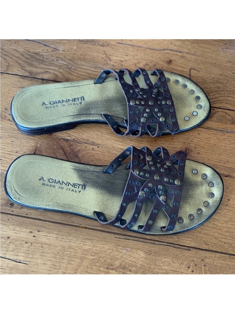 A. Giannetti Brown Leather Slide Sandals Studded Slide Made in Italy Size 8